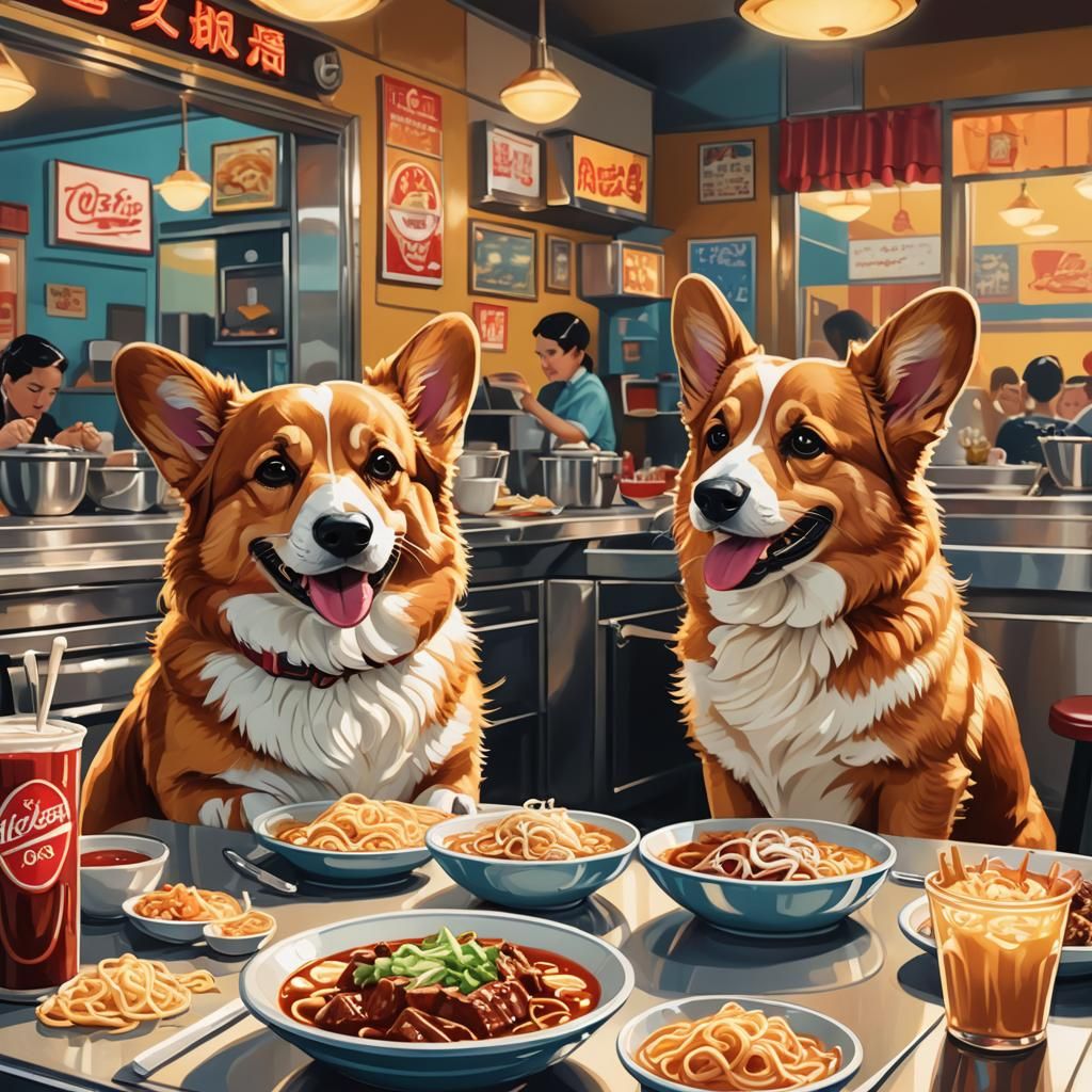 Corgis at a Diner: Retro-Futuristic Illustration