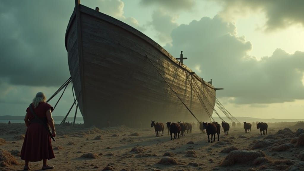 Noah's Ark Under Construction in Ancient Landscape
