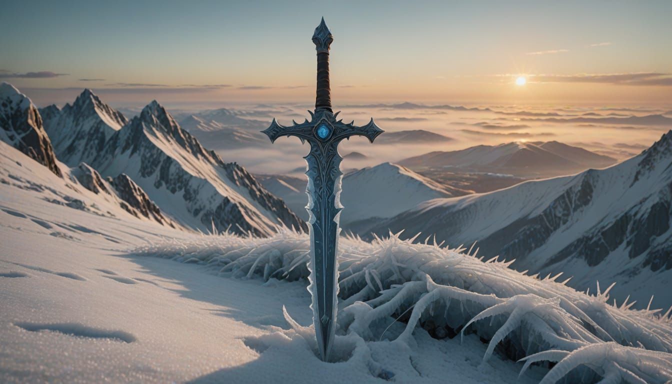 Epic Ice Sword on Frozen Mountain Peak in Fantasy Realism St...