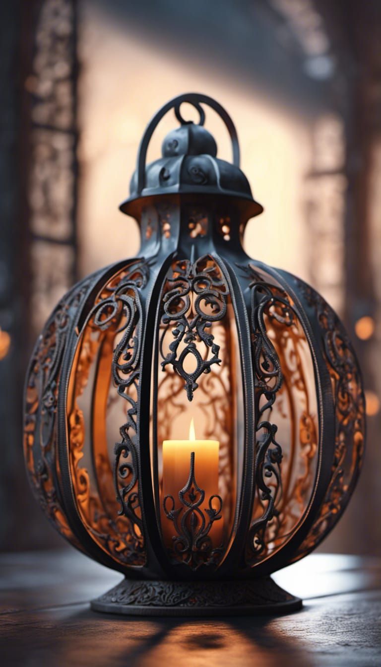 Wrought Iron Pumpkin Lantern: Detailed Digital Matte Paintin...