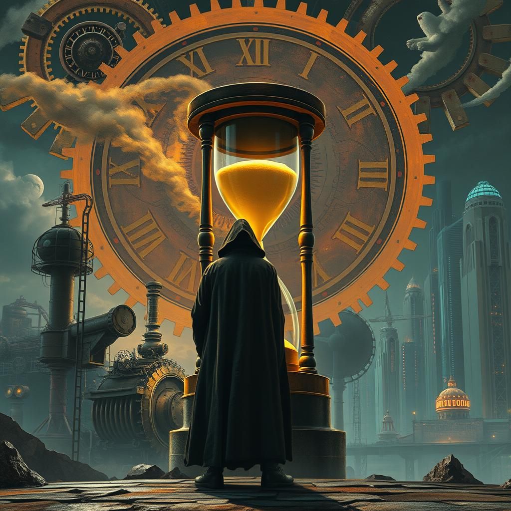 Hourglass Figure in Surreal Cyberpunk Landscape