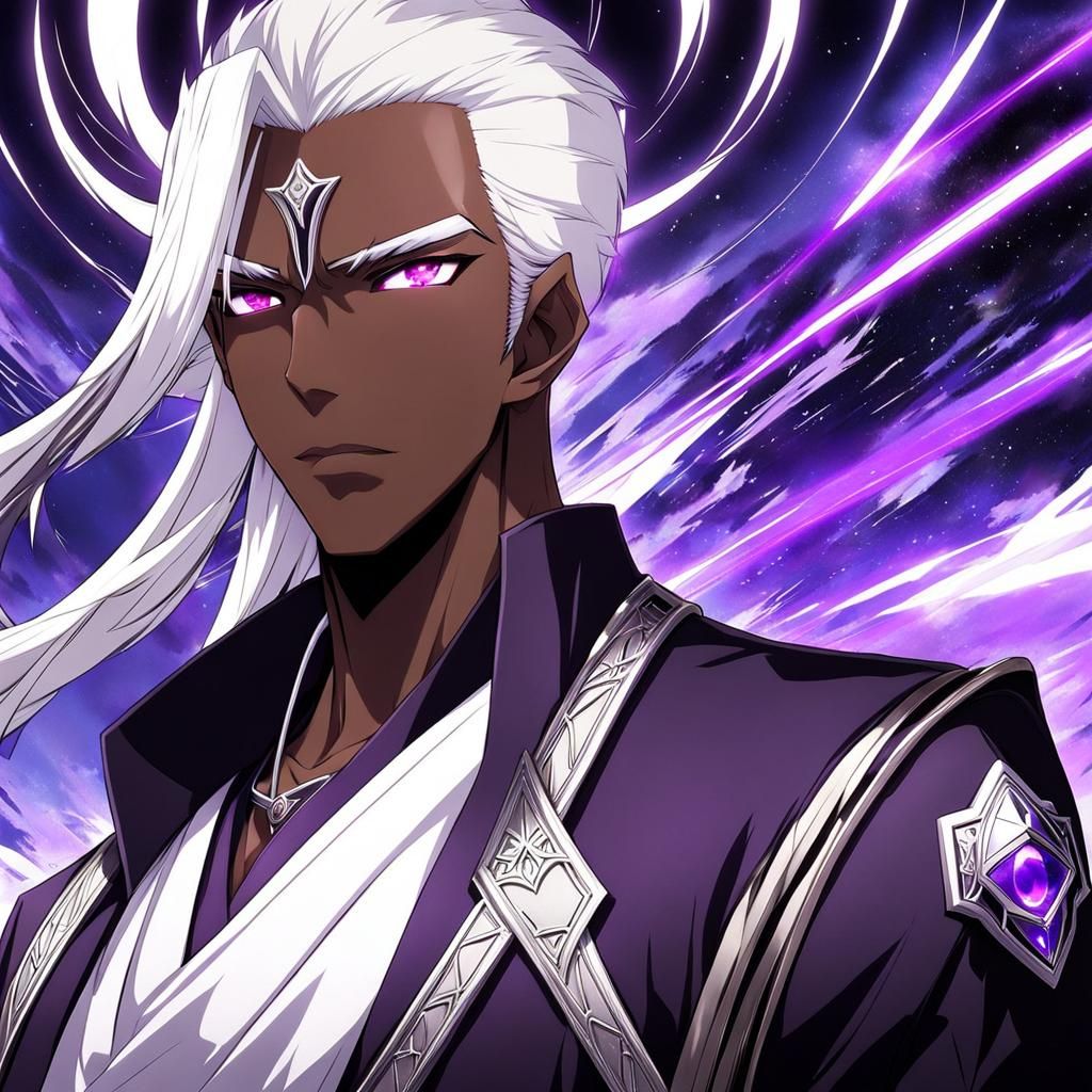 Anime Man with White Hair and Purple Eyes
