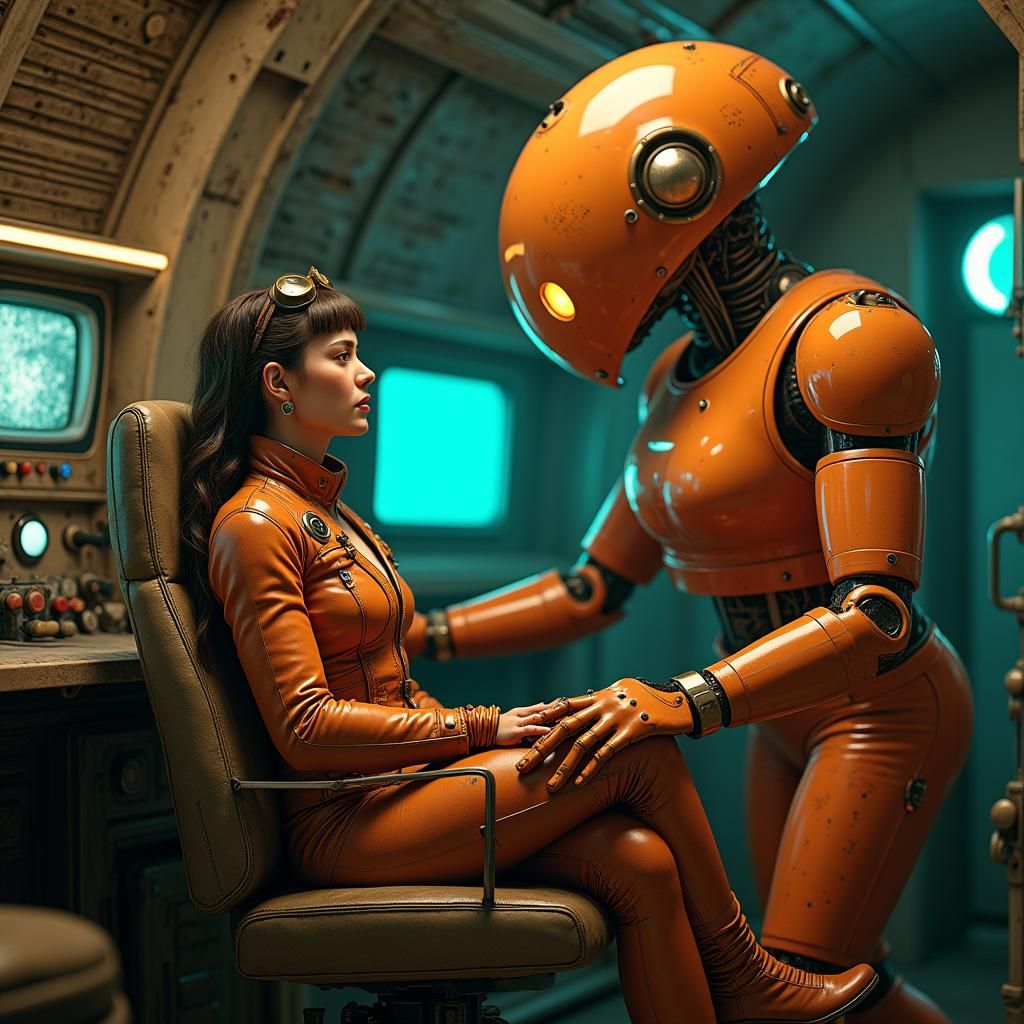 Retrofuturistic Pilot and Robot Co-Pilot in Cockpit