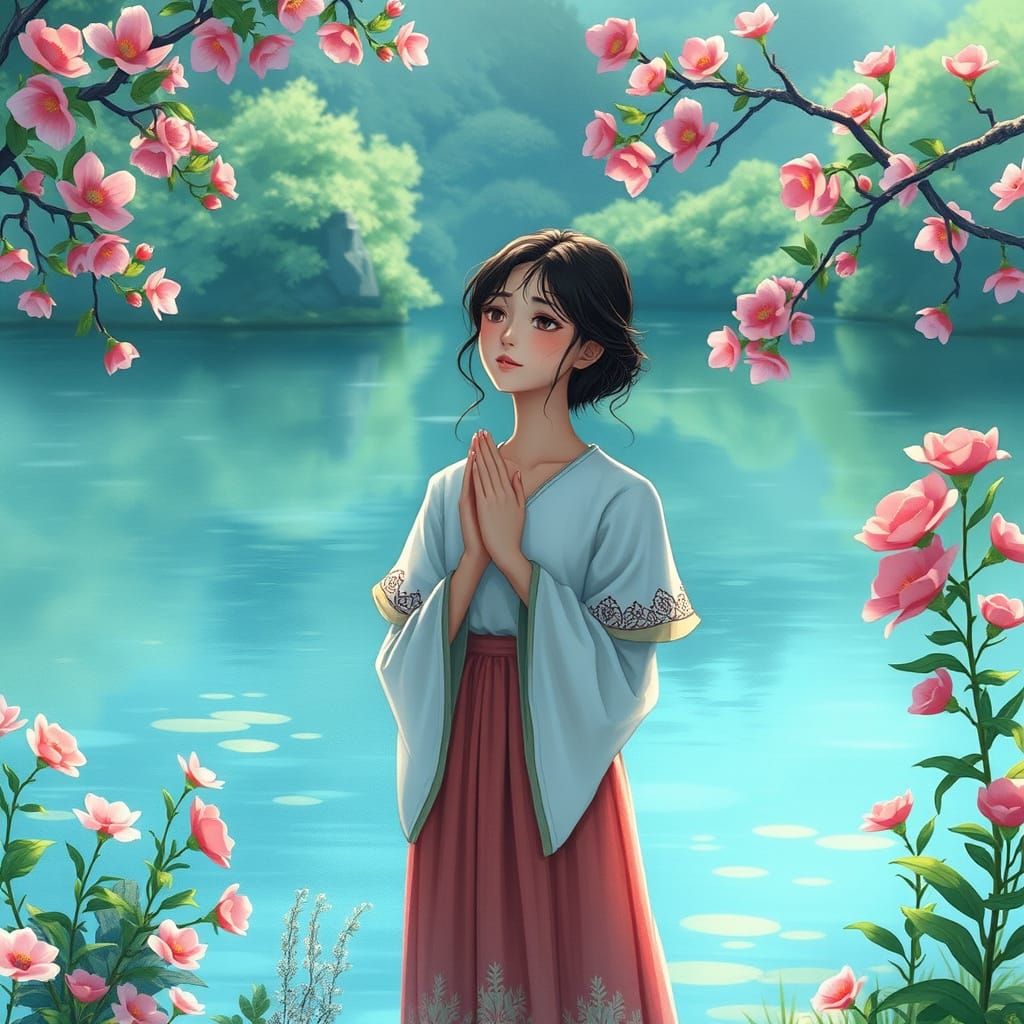 Serene Woman in Whimsical Nature Scene