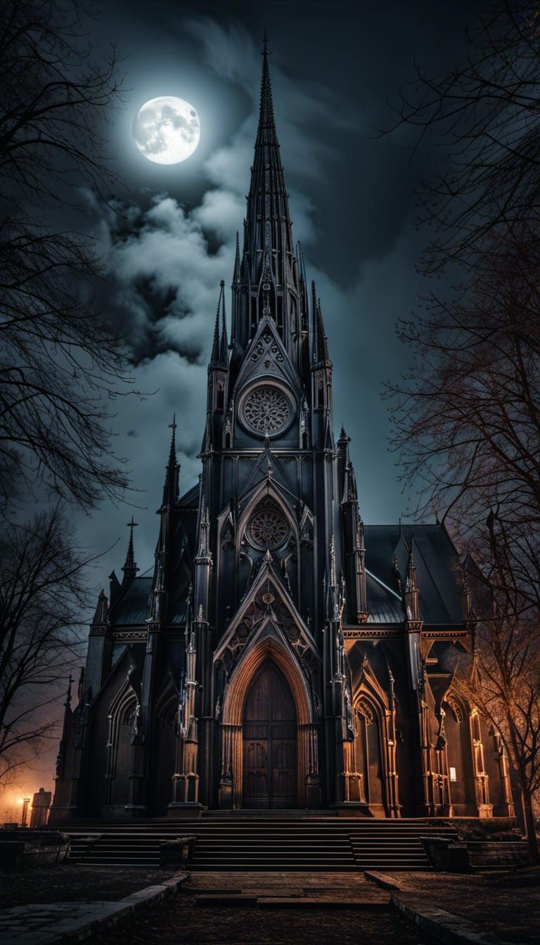 Gothic Cathedral of Baphomet in Moonlight, Detailed 8K Photo