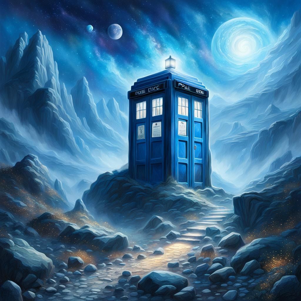 Blue Box on Rocky Planet in Ethereal Style