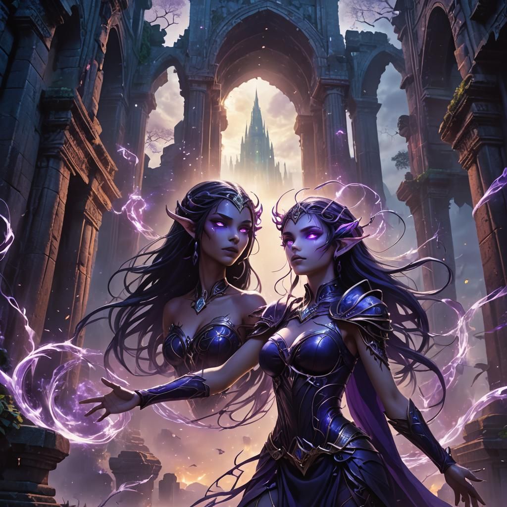 Dark Elf Enchantress in Anime Style with Magic