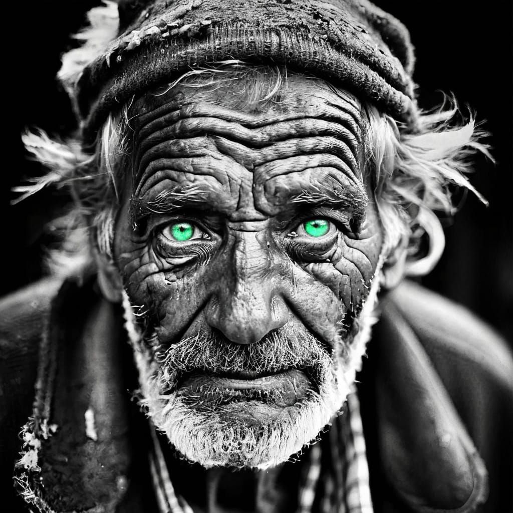 Surreal Closeup of a Homeless Man with Green Eyes
