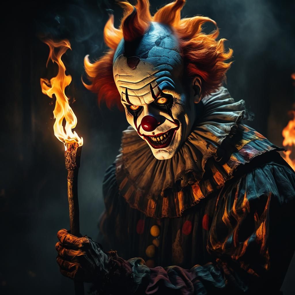 Demonic Clown with Fire Stick in Dark Fantasy
