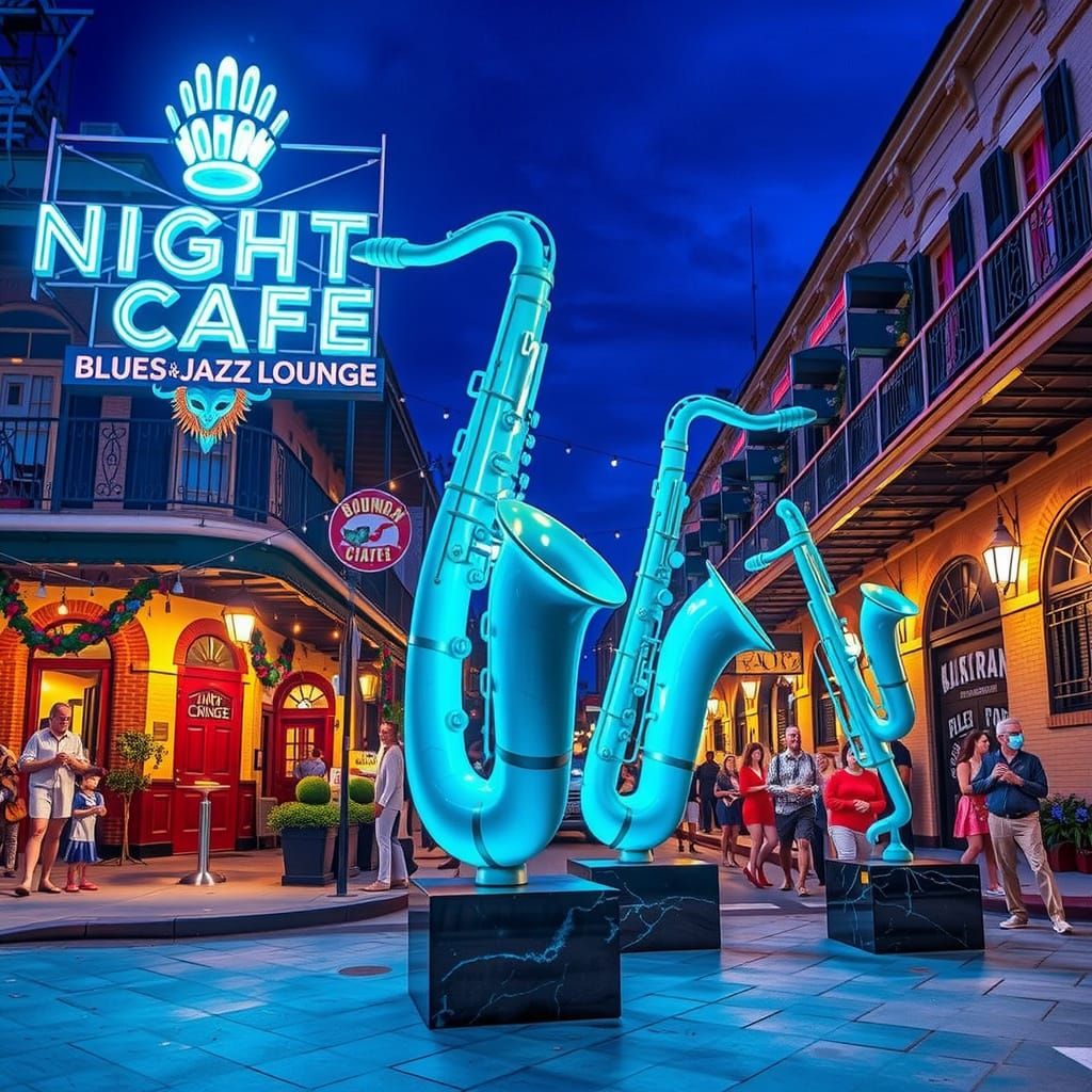 Vibrant Jazz Sculptures in Neon Blues outside NightCafe Loun...