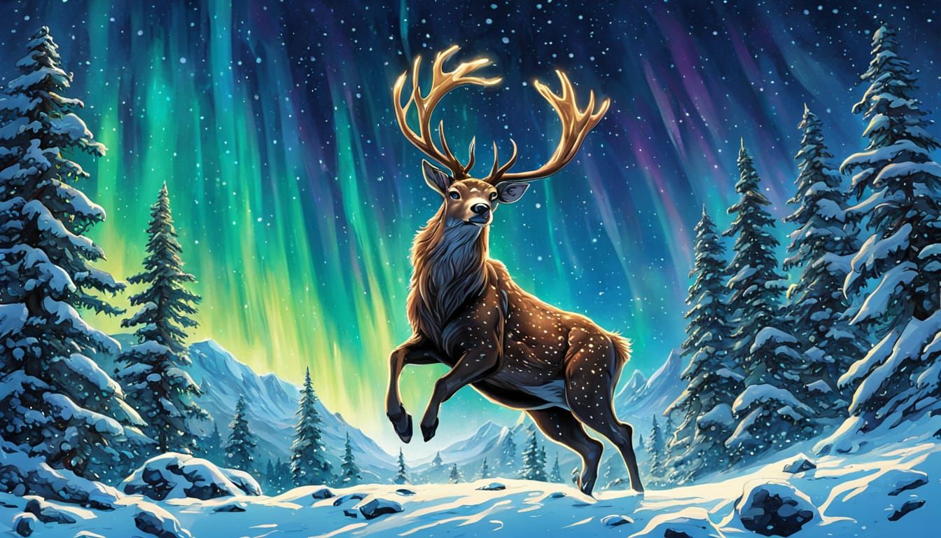 Mystical Deer Leaping Under Aurora in Digital Comic Art