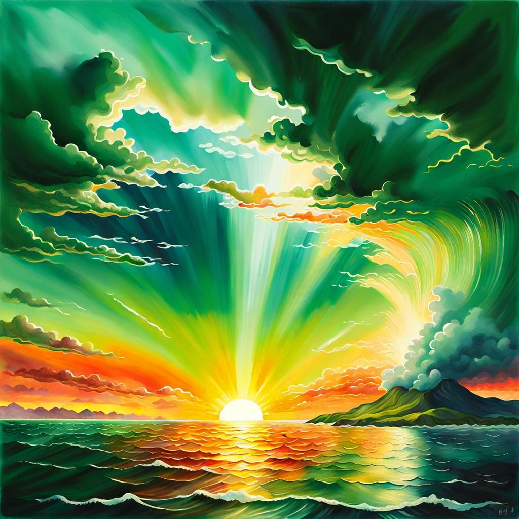 Vibrant Sunset Over Ocean Gouache Painting