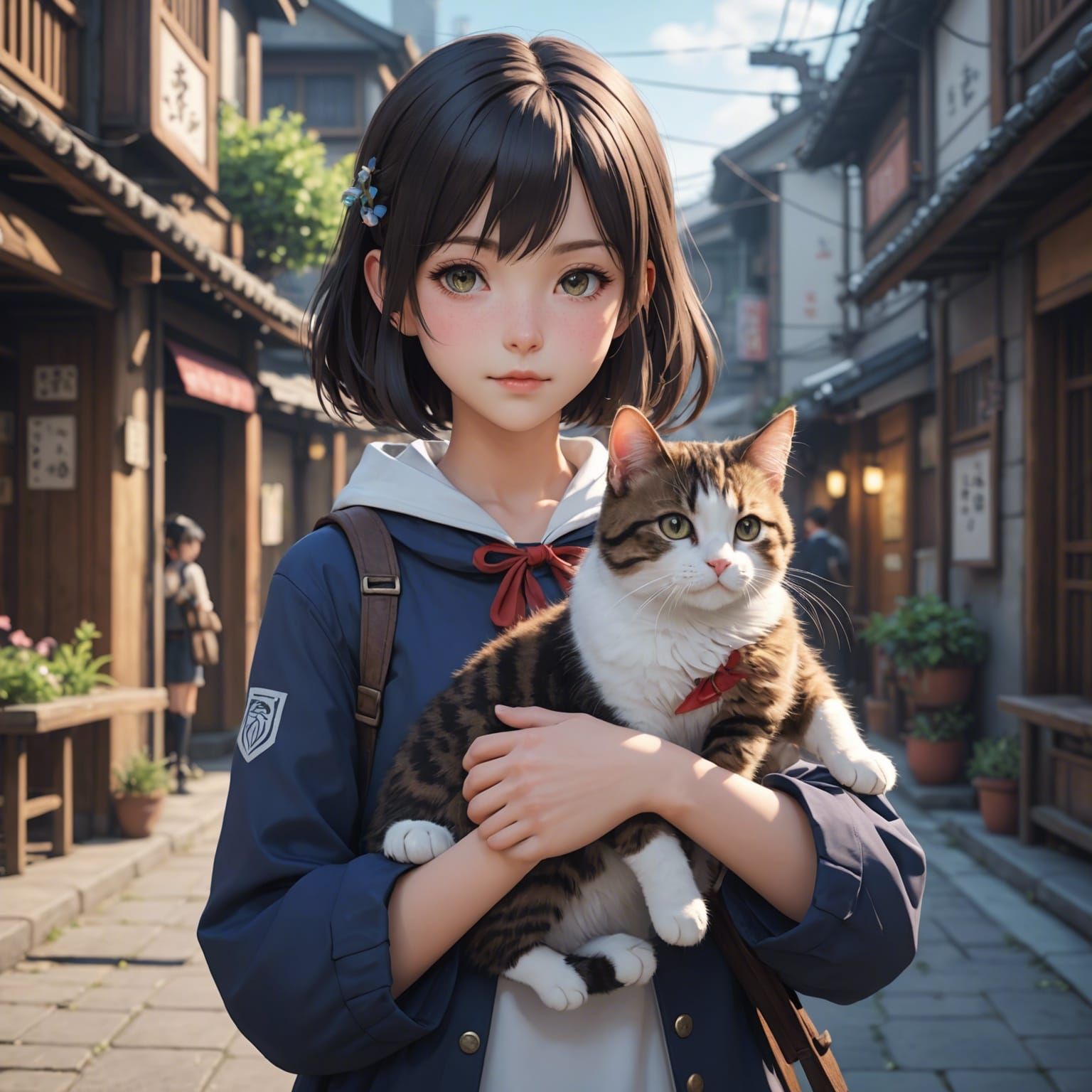 Anime Girl Holding Cat in 3D Style