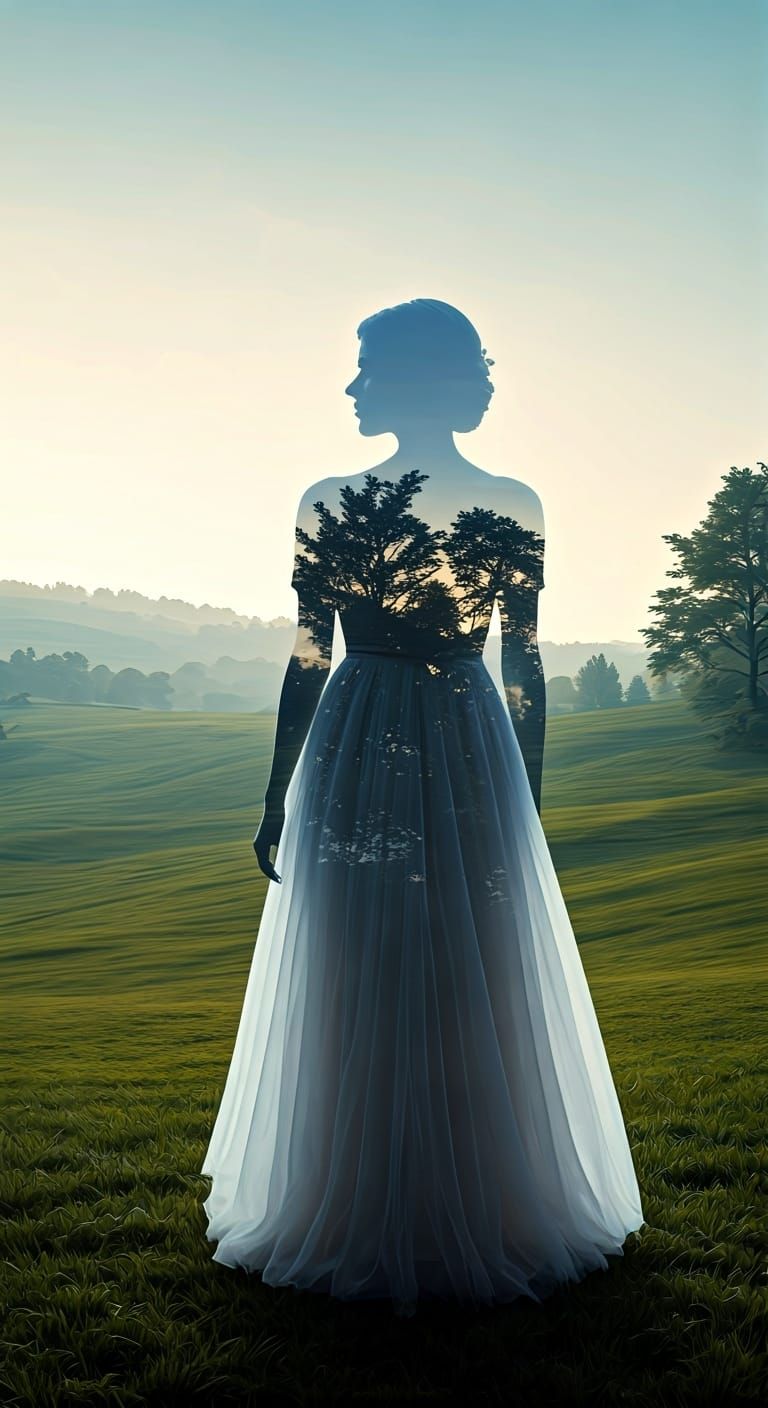 Ethereal Woman in Transparent Silhouette Landscape