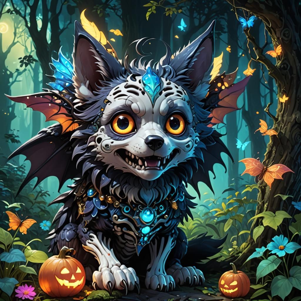 Chibi Creepy Cute Wolf in Psychedelic Forest