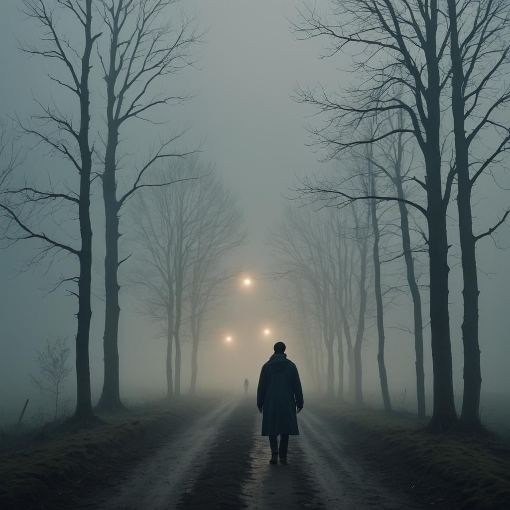 Lone Figure in Fog: Cinematic Film Still