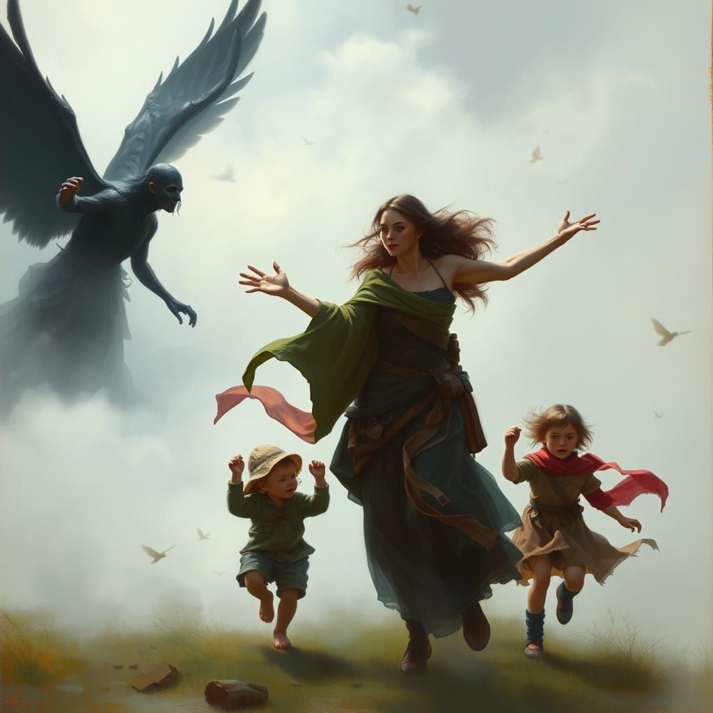 Fantasy Scene of Woman, Children and Winged Figure