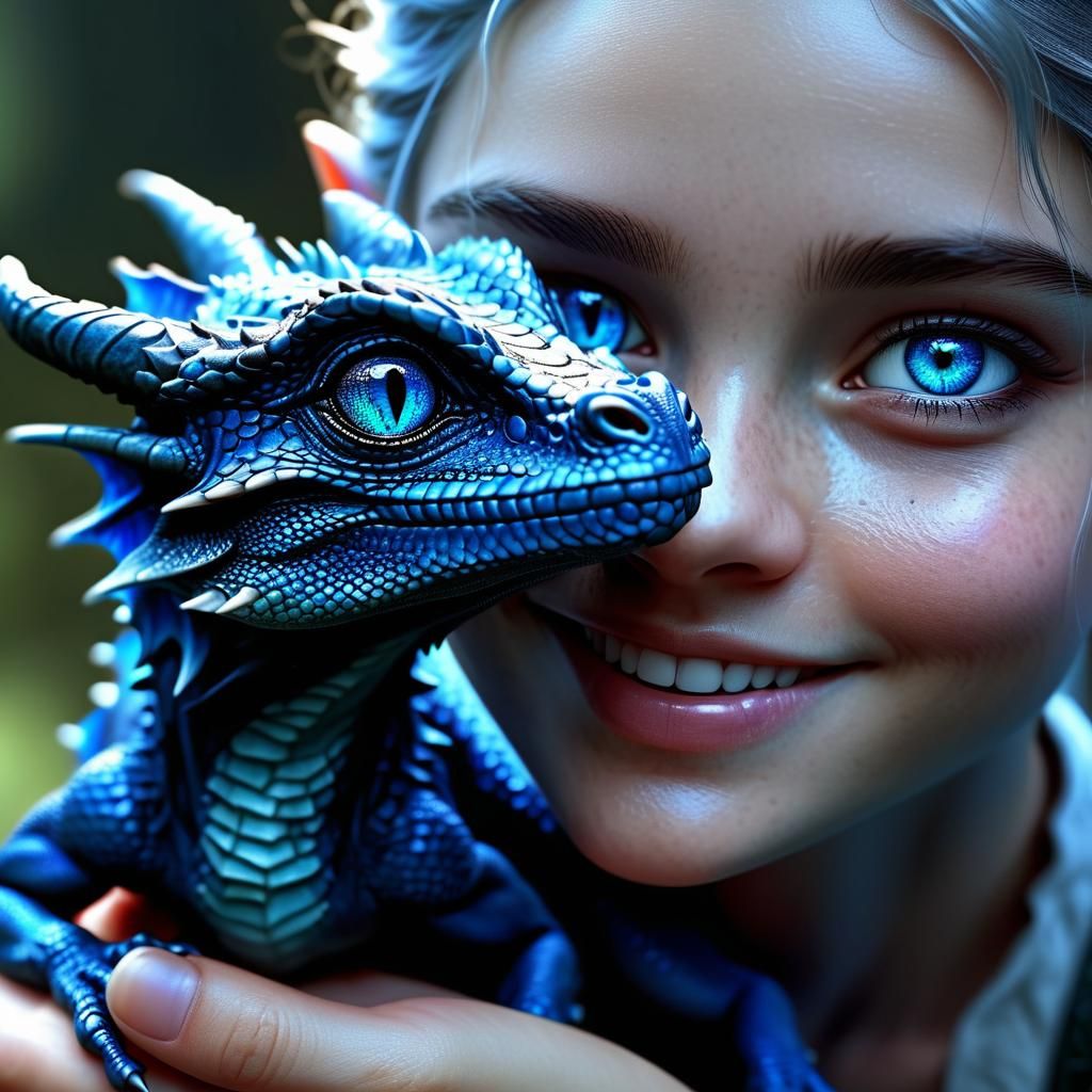 Miniature Black Dragon with Elf Woman, Realistic 8k