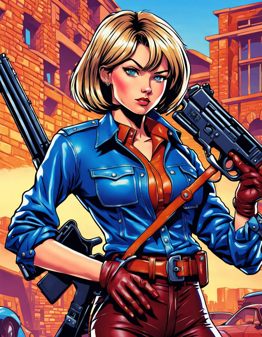 1990s Anime art style female with exaggerated Bob hair style and blue eyes. Wearing a light blue collared blouse and and...