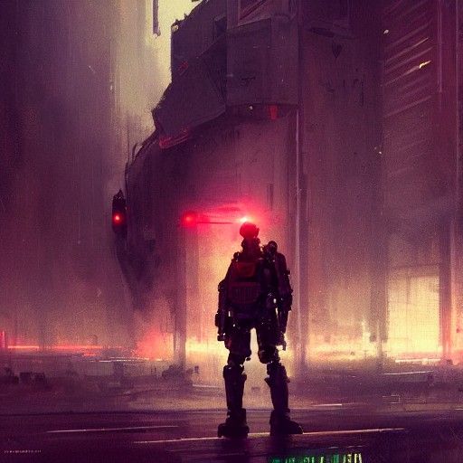 Cyberpunk Police Mech Patrolling Dystopian City