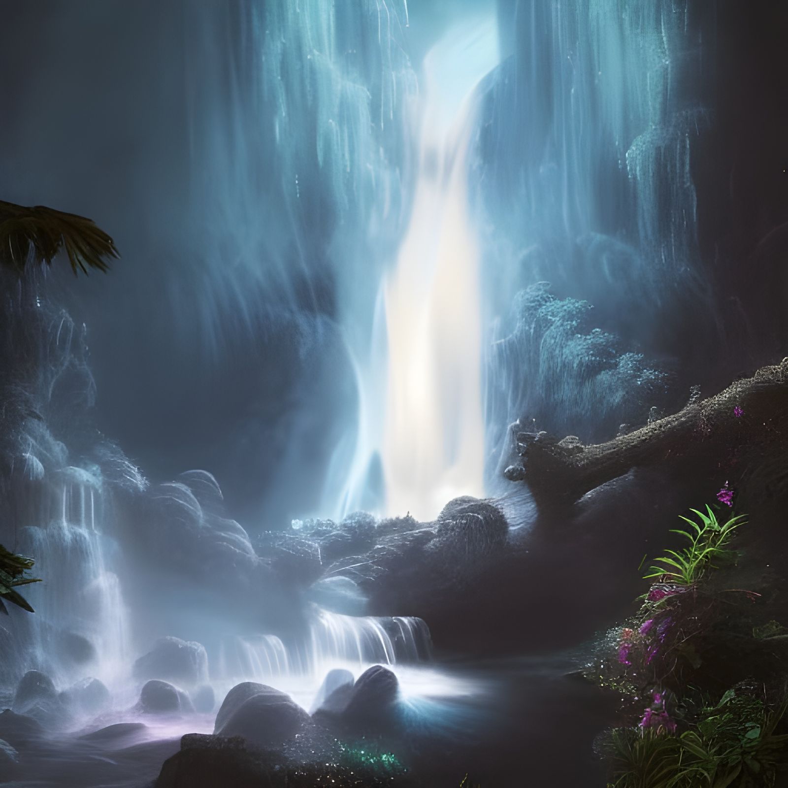 Glowing Waterfall at Night: Fantasy Concept Art