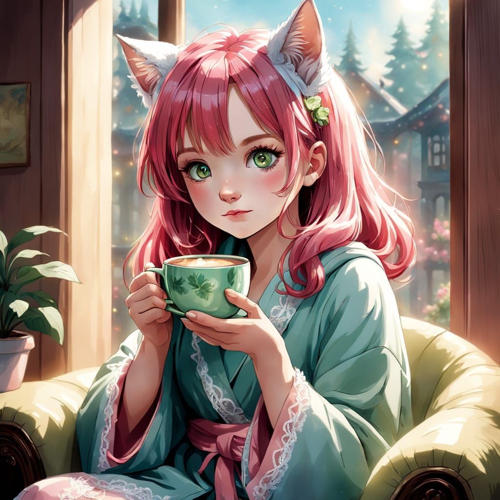 Whimsical Anime Girl in Pastel Pink Robe with Coffee