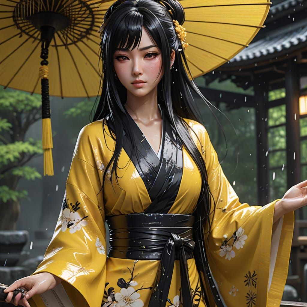 Sexy Japanese Woman in Ripped Yellow Kimono