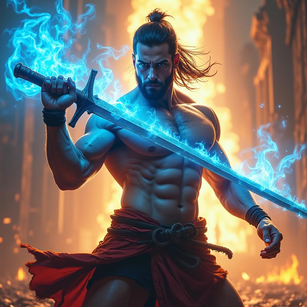 Heroic Warrior with Flaming Sword, Dynamic Lighting