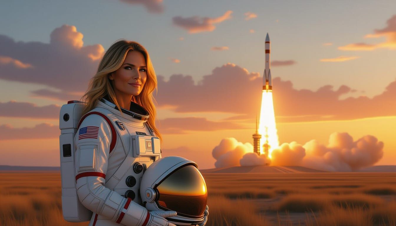 Astronaut on Steppe at Dawn with Rocket Launch