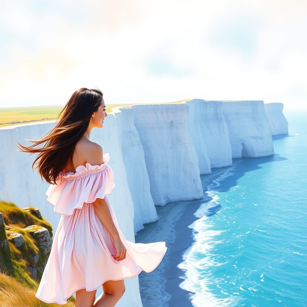 Ethereal Welsh Woman Contemplates Majestic White Cliffs in S...
