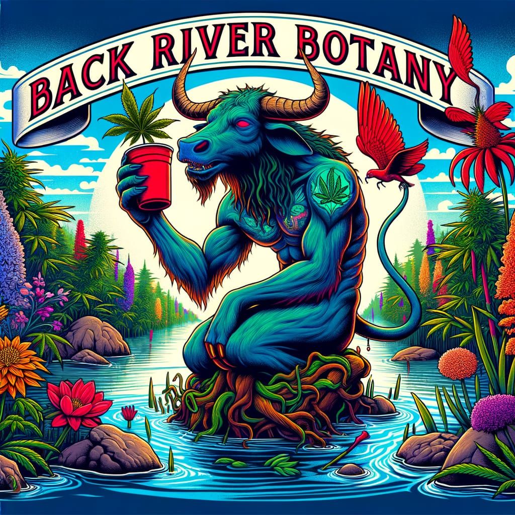 Psychedelic Minotaur Logo with Cannabis Plants