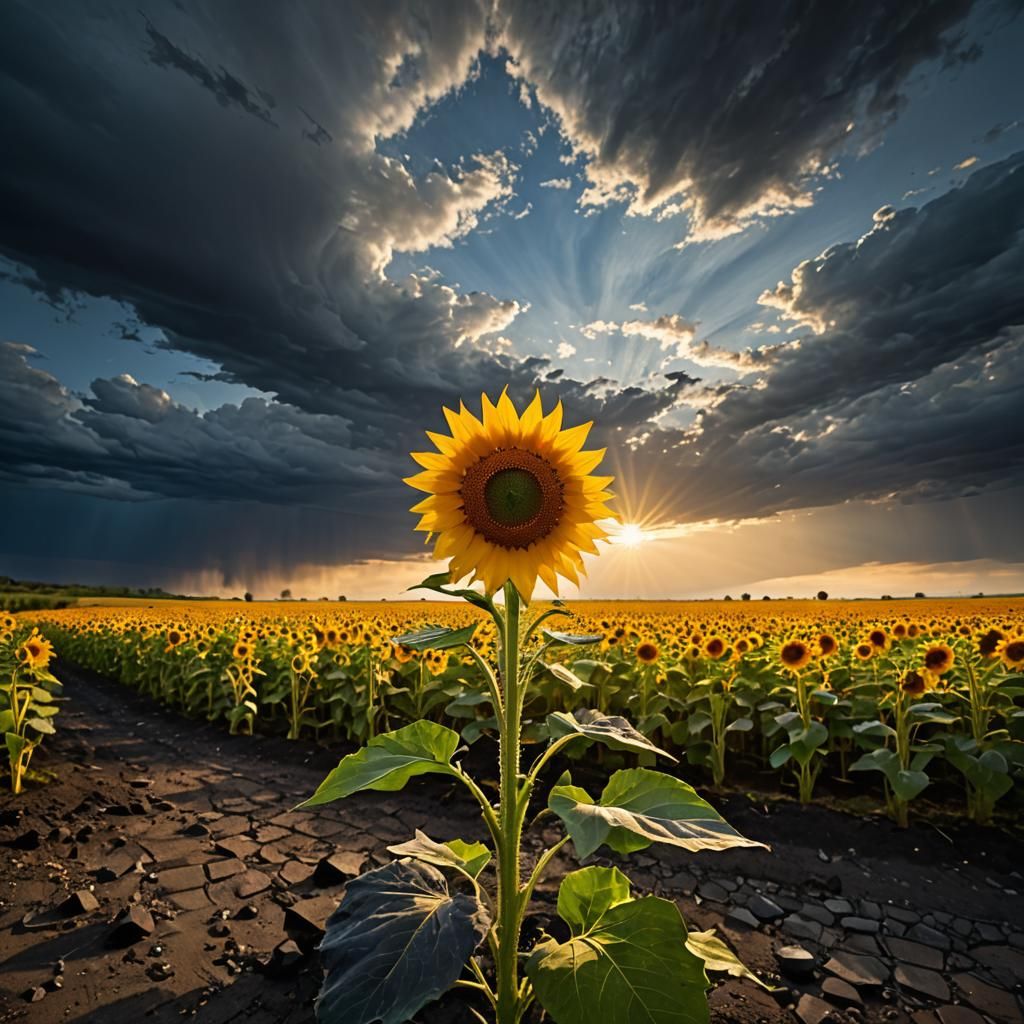 Lone Sunflower Against Stormy Sky in Mystical Realism