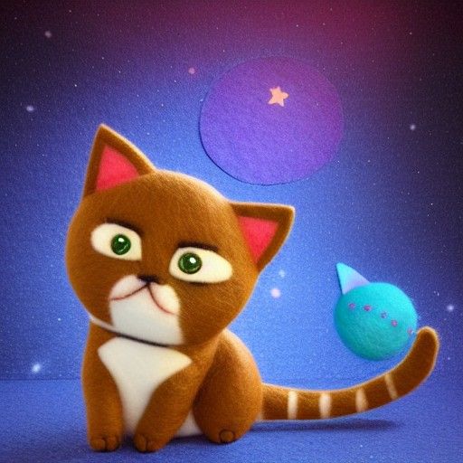 Fuzzy Felt Cat Plushie in Space, 3D Digital Art
