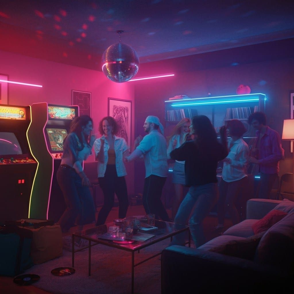 Retro 80s Party with Neon Lights and Arcade Games