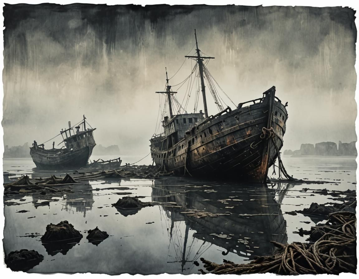 Ancient Shipwreck in a Foggy Bay: A Haunting Expressionist M...