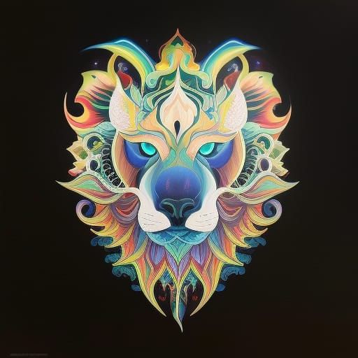 Cosmic Lion Portrait with Galaxy Mane in Acrylic Ink