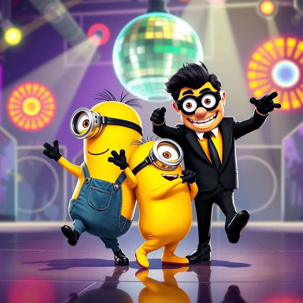 Minions and Gru Dance in Retro-Futuristic Style