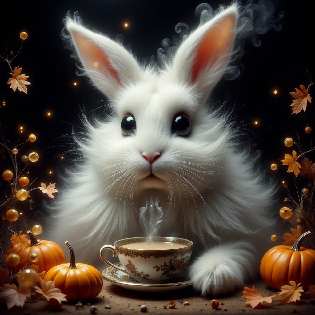 Fluffy Bunny Rabbit Sips Coffee In Whimsical Portrait