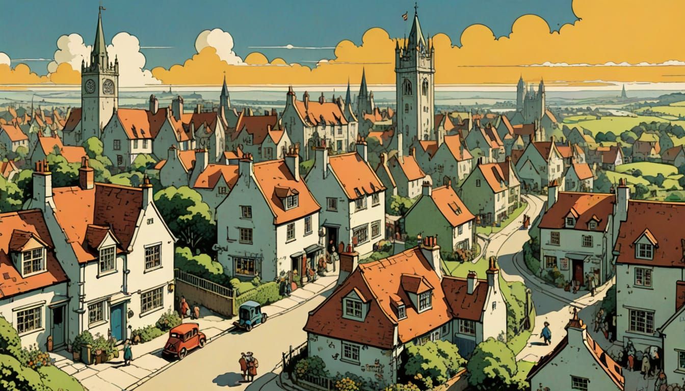 Quaint 1930s English Cityscape in Bright, Humorous Style