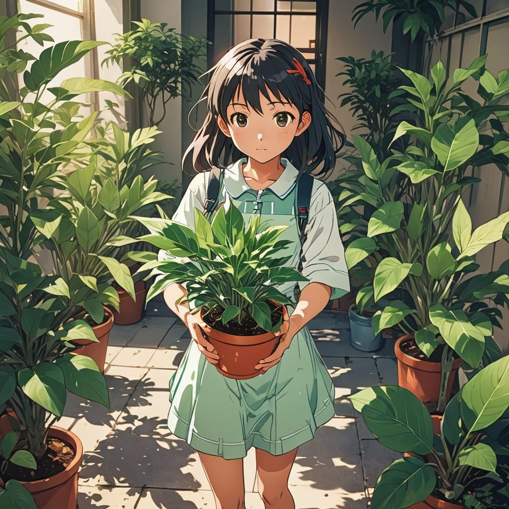 Anime Girl with Plant in Studio Trigger Style