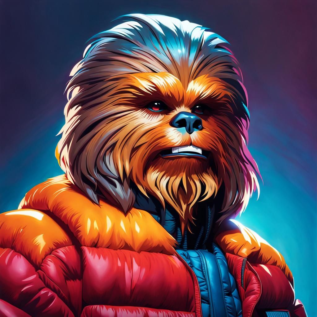 Chewbacca in 90s Puffer Jacket: Detailed Portrait