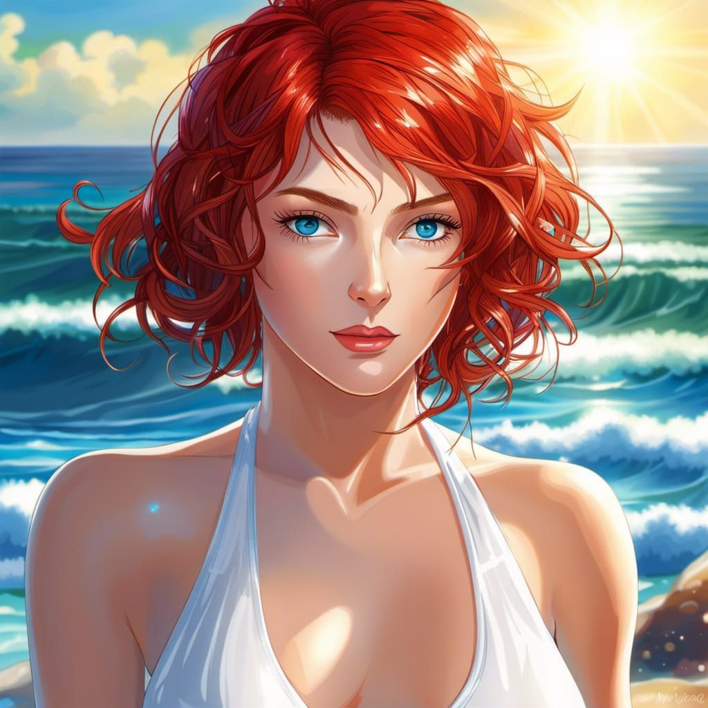 Red Haired Woman on Beach in Anime Style