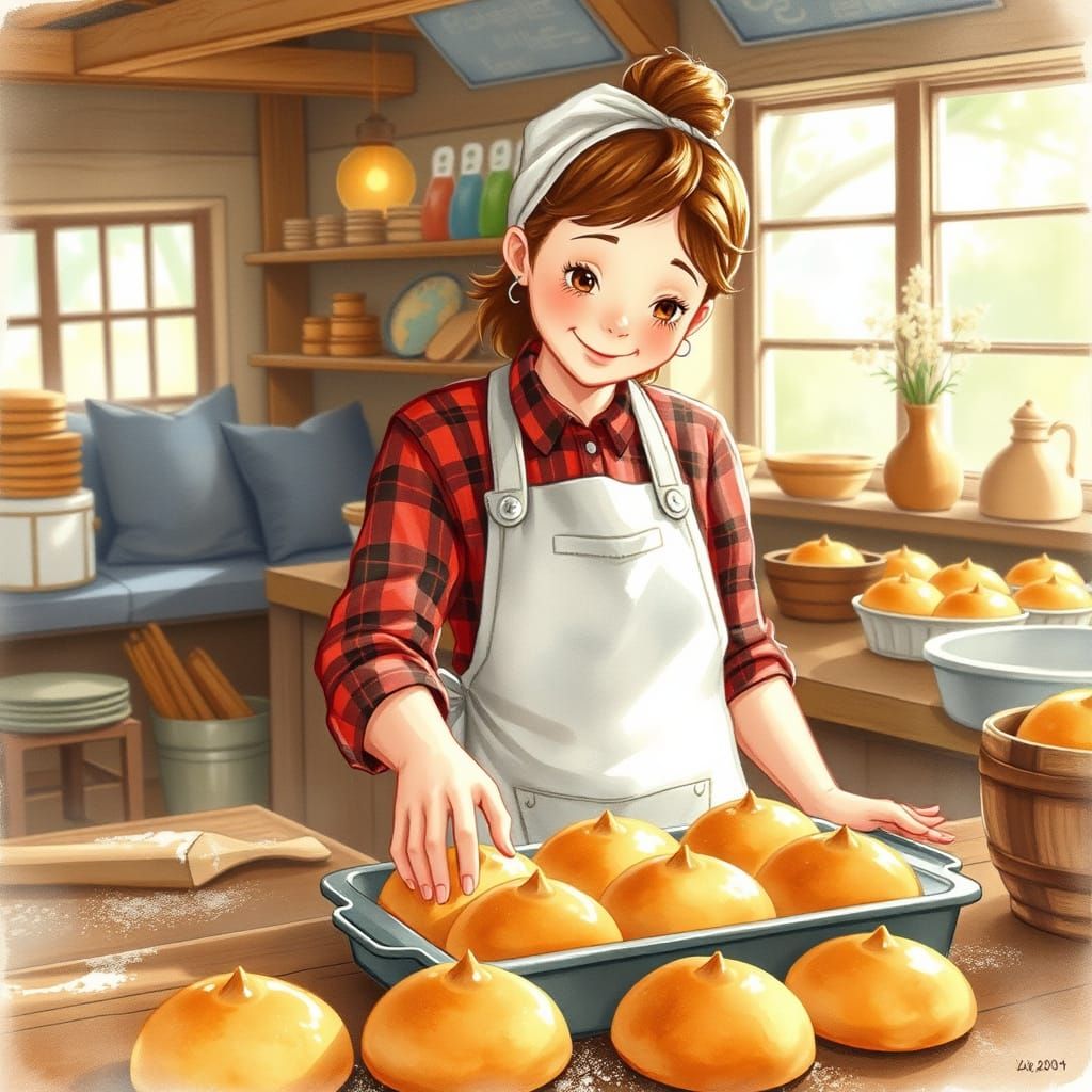 Whimsical Baker Places Golden-Brown Buns on Rustic Counter i...