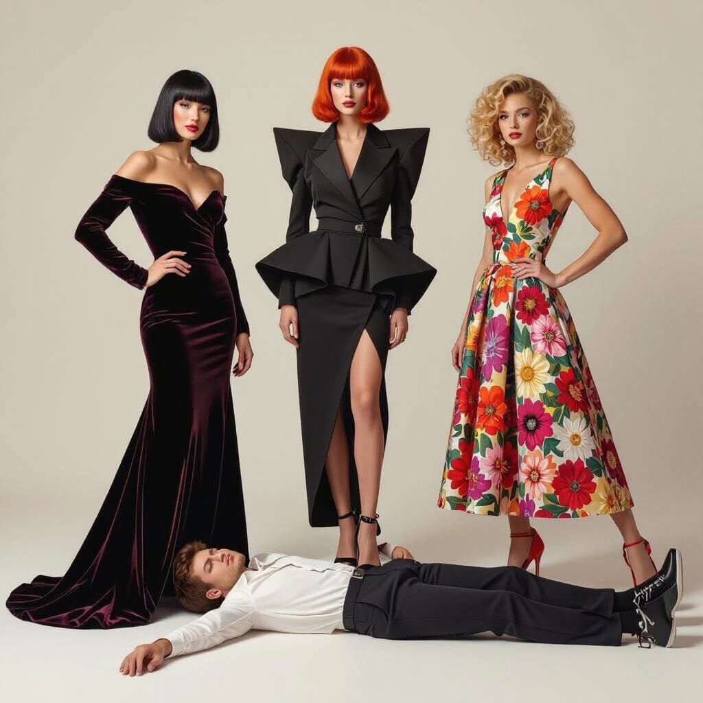 Glamorous Women in Avant-Garde Fashion in Surreal Scene