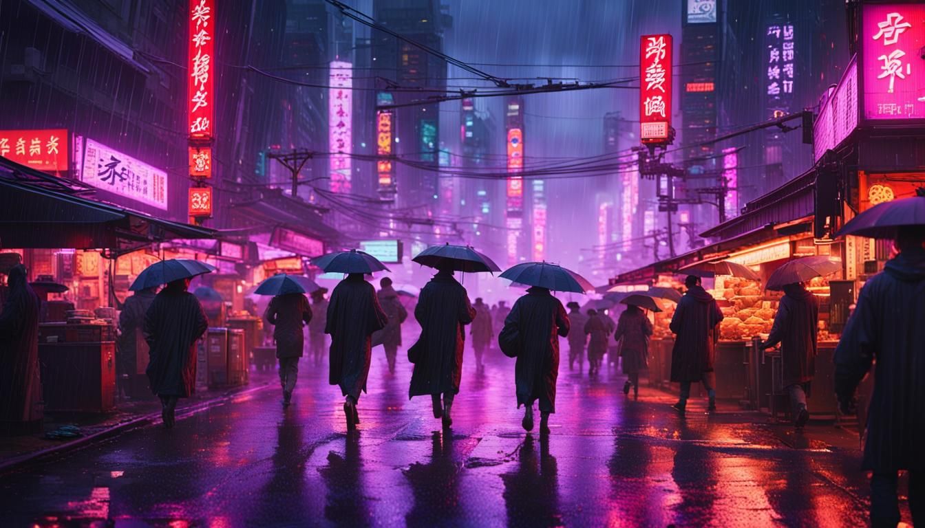 Cyberpunk Ramen Stall in Rainy Cityscape