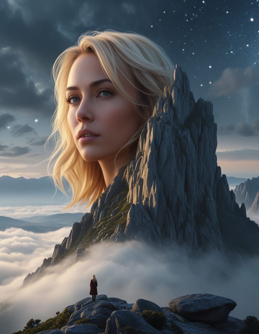 Woman Gazes at Starry Sky from Misty Mountain Peak