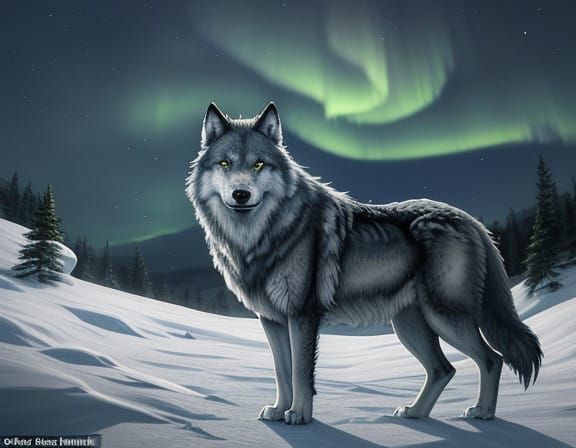 Gray Wolf Howls Under Northern Lights in Snowy Landscape