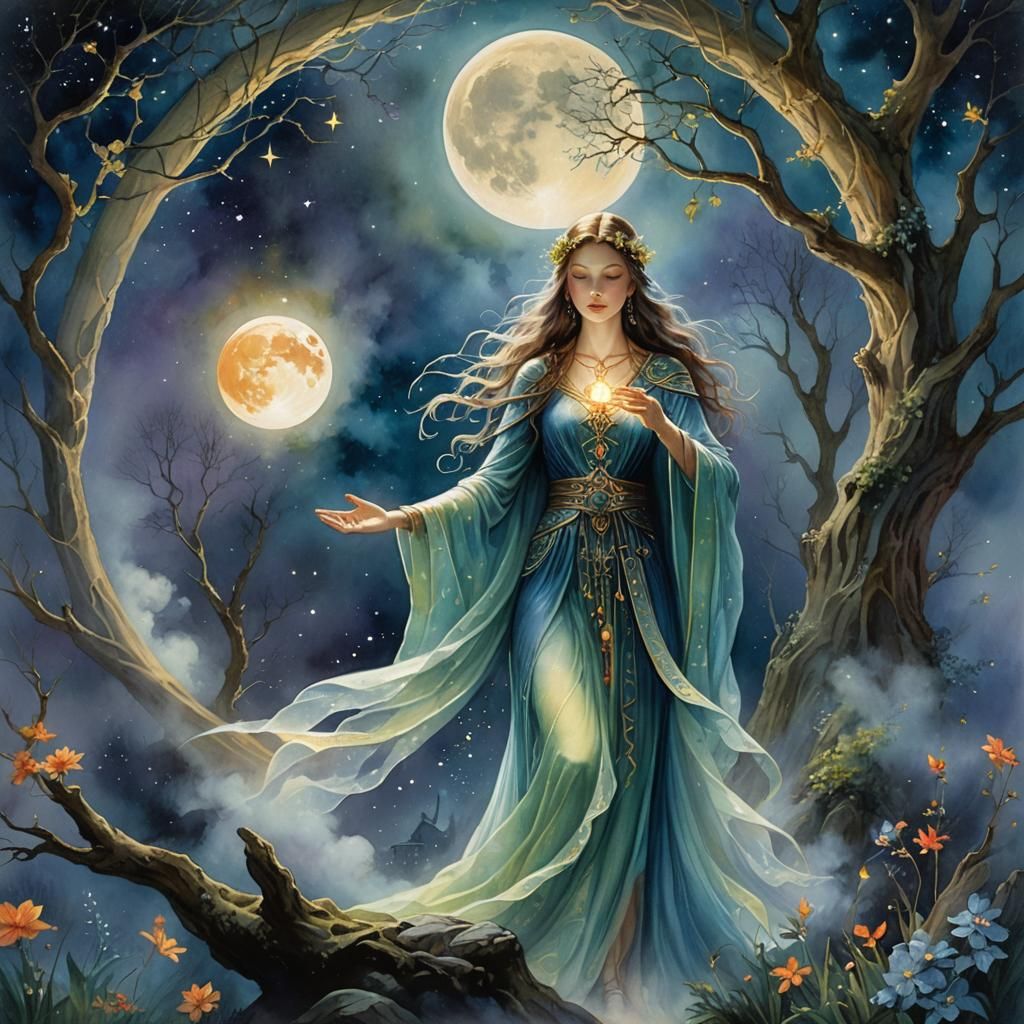 Sorceress Summoning Under the Moon in Ethereal Watercolor