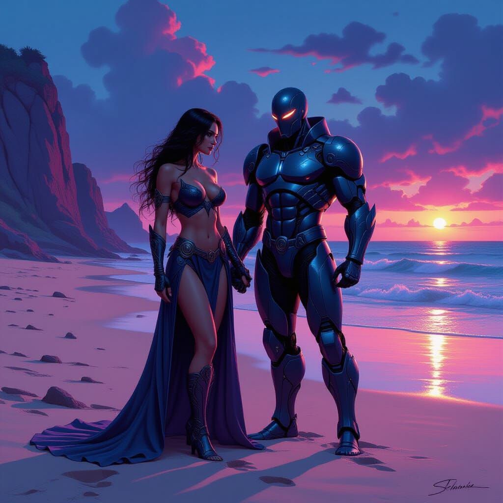Warrior Woman and Companion on Alien Beach at Twilight