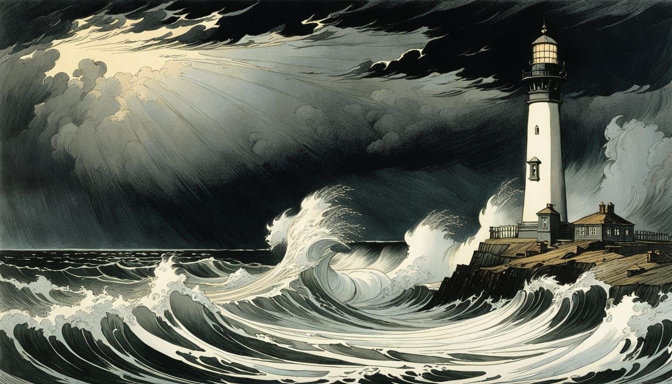 Lighthouse in Stormy Seas, Lithograph Style